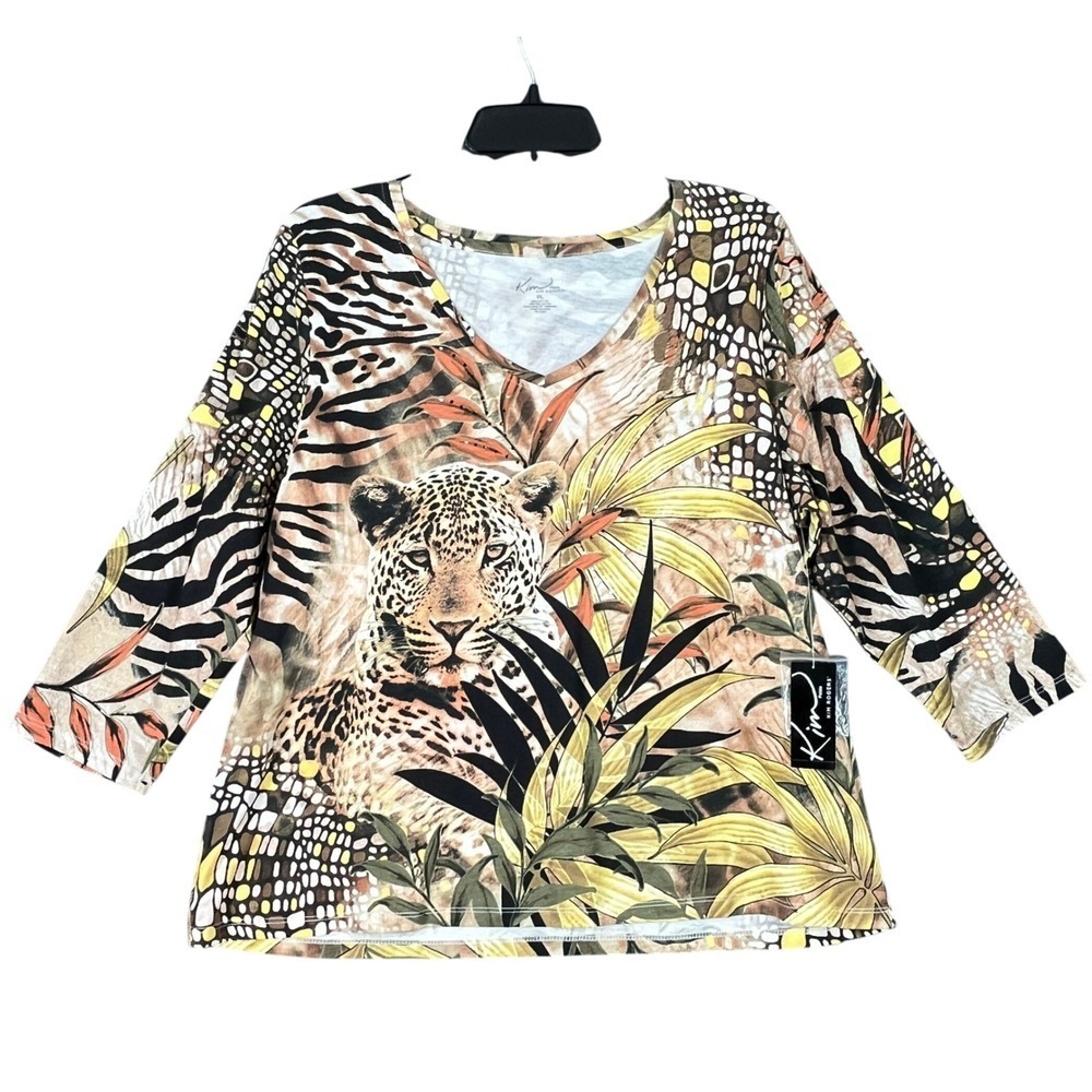 Kim Rogers Cheetah Leopard Animal Print Three Quarter Sleeve V Neck Top PL Women
